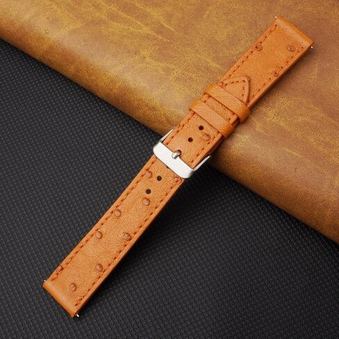 20mm Flat Tan Ostrich Leather Watch Band Men Quick Release Handmade Leather Strap, Slim Replacement Wristband Stainless Steel Buckle, Christmas Father's Day Gift for Dad Husband DH-NO-182-20MM in Saudi Arabia