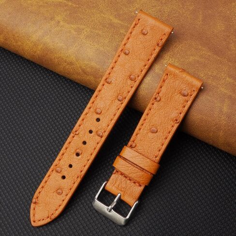 20mm Flat Tan Ostrich Leather Watch Band Men Quick Release Handmade Leather Strap, Slim Replacement Wristband Stainless Steel Buckle, Christmas Father's Day Gift for Dad Husband DH-NO-182-20MM in Saudi Arabia