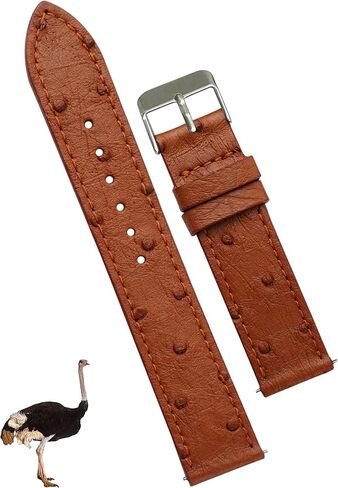 20mm Flat Tan Ostrich Leather Watch Band Men Quick Release Handmade Leather Strap, Slim Replacement Wristband Stainless Steel Buckle, Christmas Father's Day Gift for Dad Husband DH-NO-182-20MM in Saudi Arabia