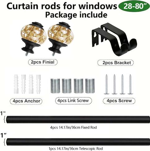Curtain Rods for Windows,1 Inch Adjustable Window Curtain Rod, Curtain Rod Set with Luxury Crystal Translucent Finials for Bedroom, Living Room (Black, 28-80in) in Kuwait