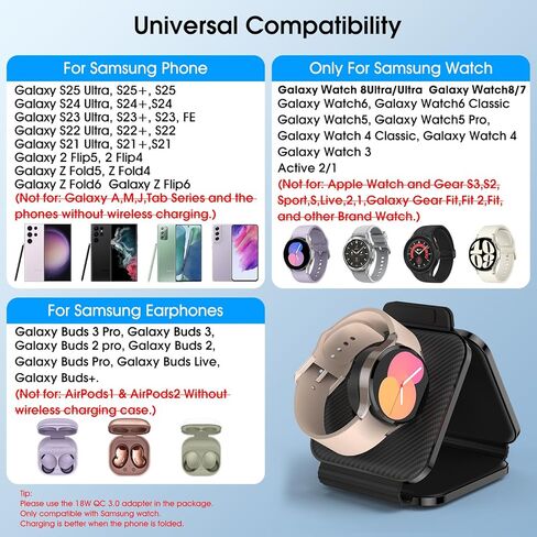 Pocket Wireless Charger for Samsung Android Phone, Fast Foldable Travel Wireless Charging Station Stand Compatible for Samsung Galaxy Watch 7/Buds Pro 3/for Samsung S24/S23 Ultra/S22/Z Flip 6/5 Fold 6 in Kuwait