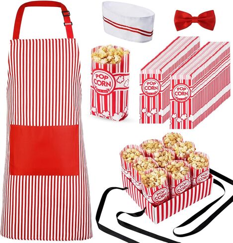 SATINIOR 204 Pcs 1950s Adult Popcorn Waiter Costume Paper Popcorn Bags Red White Striped Apron Chef Hat Bow Tie and Snack Tray for Movie Night Carnival Circus Birthday Party in Saudi Arabia