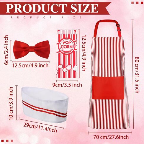 SATINIOR 204 Pcs 1950s Adult Popcorn Waiter Costume Paper Popcorn Bags Red White Striped Apron Chef Hat Bow Tie and Snack Tray for Movie Night Carnival Circus Birthday Party in Saudi Arabia