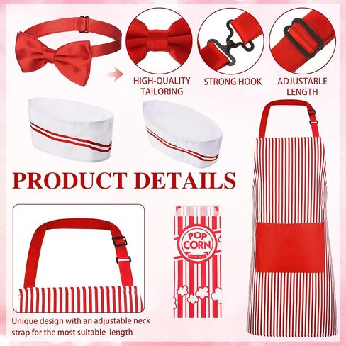 SATINIOR 204 Pcs 1950s Adult Popcorn Waiter Costume Paper Popcorn Bags Red White Striped Apron Chef Hat Bow Tie and Snack Tray for Movie Night Carnival Circus Birthday Party in Saudi Arabia