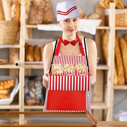 SATINIOR 204 Pcs 1950s Adult Popcorn Waiter Costume Paper Popcorn Bags Red White Striped Apron Chef Hat Bow Tie and Snack Tray for Movie Night Carnival Circus Birthday Party in Saudi Arabia