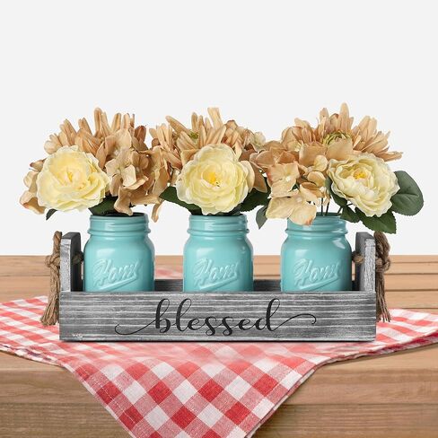 Living Room Table Centerpieces-Besuerte Rustic Decorative Thankful Wood Tray,with Rose Bouquet Flower for Home,Coffee Table Dining Room,Kitchen,New Home Housewarming Gift【3 Blue Jars 】 in Kuwait