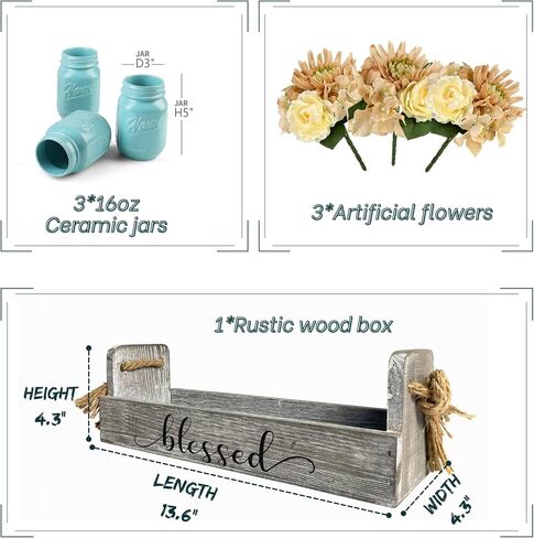 Living Room Table Centerpieces-Besuerte Rustic Decorative Thankful Wood Tray,with Rose Bouquet Flower for Home,Coffee Table Dining Room,Kitchen,New Home Housewarming Gift【3 Blue Jars 】 in Kuwait