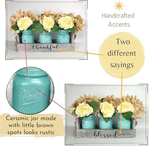 Living Room Table Centerpieces-Besuerte Rustic Decorative Thankful Wood Tray,with Rose Bouquet Flower for Home,Coffee Table Dining Room,Kitchen,New Home Housewarming Gift【3 Blue Jars 】 in Kuwait