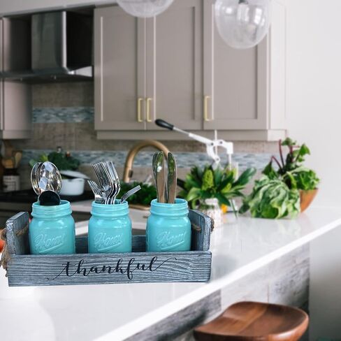 Living Room Table Centerpieces-Besuerte Rustic Decorative Thankful Wood Tray,with Rose Bouquet Flower for Home,Coffee Table Dining Room,Kitchen,New Home Housewarming Gift【3 Blue Jars 】 in Kuwait