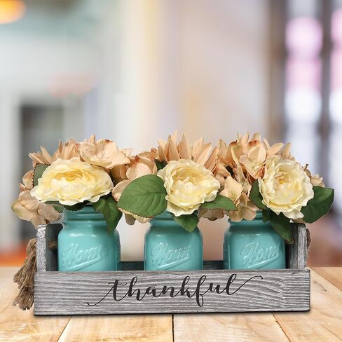 Living Room Table Centerpieces-Besuerte Rustic Decorative Thankful Wood Tray,with Rose Bouquet Flower for Home,Coffee Table Dining Room,Kitchen,New Home Housewarming Gift【3 Blue Jars 】 in Kuwait