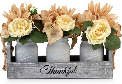 Living Room Table Centerpieces-Besuerte Rustic Decorative Thankful Wood Tray,with Rose Bouquet Flower for Home,Coffee Table Dining Room,Kitchen,New Home Housewarming Gift【3 Blue Jars 】 in Kuwait