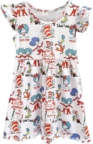 Baby Girls Spring Summer Cat in The Hat Dress Girls Flutter Sleeve Boutique Dress in Saudi Arabia