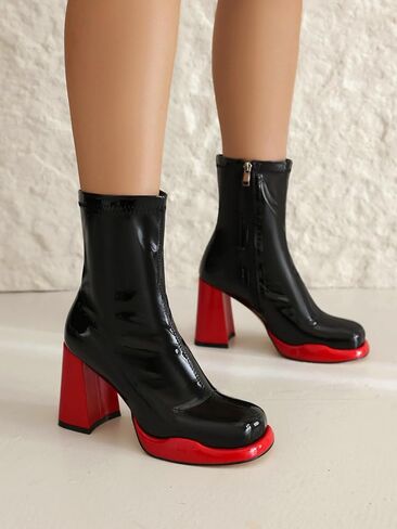 Mofirdast Gogo Boots منصة مكتنزة الكعب الكاحل للأحذية للنساء مربع إصبع القدم أحذية العجل مع السوستة الجانبية لرقص حفلات الحفلات in Saudi Arabia