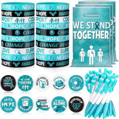 Supervitae 200 Pcs Cancer Awareness Accessories, Include 50 Multicolor Ribbon Gift Bags 50 Colorful Ribbon Wristband 50 Cancer Awareness Pen 50 Prevention Button Pins for Charity Gifts Supplies in Kuwait