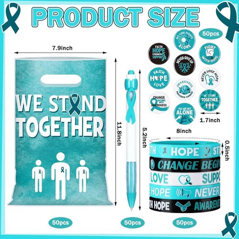 Supervitae 200 Pcs Cancer Awareness Accessories, Include 50 Multicolor Ribbon Gift Bags 50 Colorful Ribbon Wristband 50 Cancer Awareness Pen 50 Prevention Button Pins for Charity Gifts Supplies in Kuwait