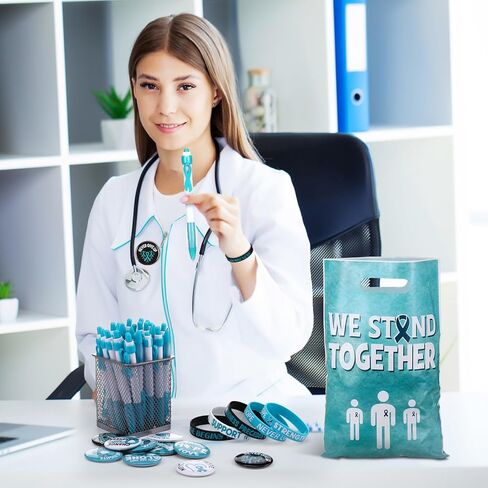 Supervitae 200 Pcs Cancer Awareness Accessories, Include 50 Multicolor Ribbon Gift Bags 50 Colorful Ribbon Wristband 50 Cancer Awareness Pen 50 Prevention Button Pins for Charity Gifts Supplies in Kuwait