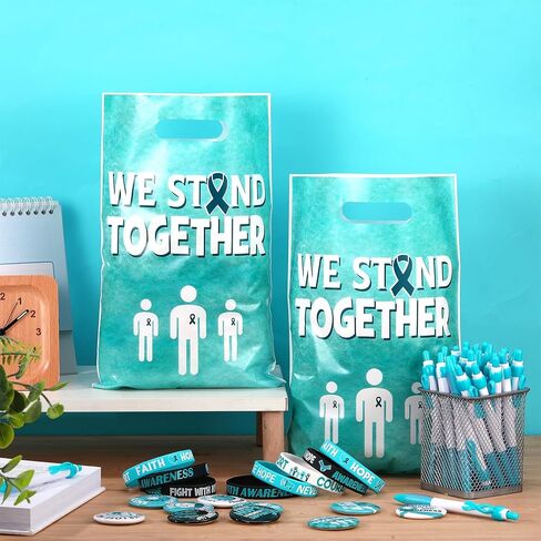 Supervitae 200 Pcs Cancer Awareness Accessories, Include 50 Multicolor Ribbon Gift Bags 50 Colorful Ribbon Wristband 50 Cancer Awareness Pen 50 Prevention Button Pins for Charity Gifts Supplies in Kuwait