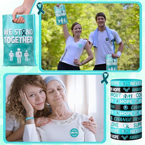 Supervitae 200 Pcs Cancer Awareness Accessories, Include 50 Multicolor Ribbon Gift Bags 50 Colorful Ribbon Wristband 50 Cancer Awareness Pen 50 Prevention Button Pins for Charity Gifts Supplies in Kuwait