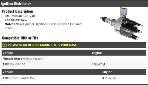 موزع الإشعال مع CAP و Rotor-متوافق مع 1987-1991 Ford F-150 4.9L 6 أسطوانات in Saudi Arabia