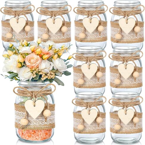 3 مجموعات من Mumufy قطعة مركزية للطاولة من Mason Jar بأكمام من الدانتيل وحبل من القنب على شكل قلب، مزهريات ماسون ريفية وحفلات الخطوبة وحفلات الزفاف وديكورات طاولات الزفاف in Saudi Arabia