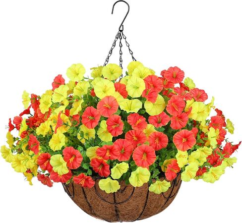 Artificial Faux Hanging Plants Flowers Basket for Spring Summer Outdoor Decoration, Fake Silk Look Real UV Resistant Colorful Mixed Morning Glory Eucalyptus for Porch Outside Patio Balcony Home Decor in Kuwait