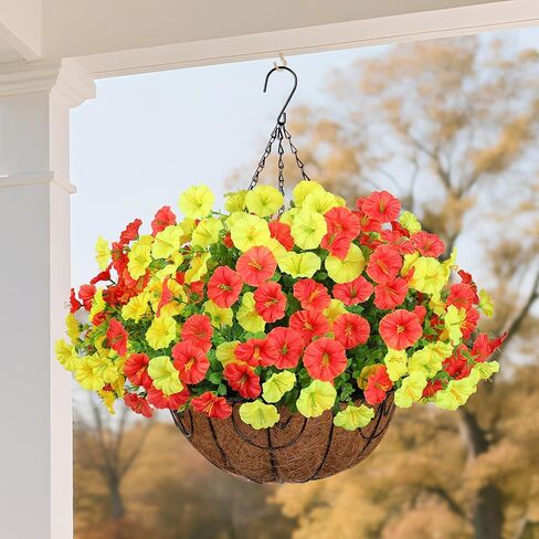 Artificial Faux Hanging Plants Flowers Basket for Spring Summer Outdoor Decoration, Fake Silk Look Real UV Resistant Colorful Mixed Morning Glory Eucalyptus for Porch Outside Patio Balcony Home Decor in Kuwait