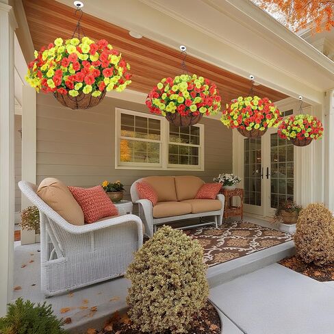 Artificial Faux Hanging Plants Flowers Basket for Spring Summer Outdoor Decoration, Fake Silk Look Real UV Resistant Colorful Mixed Morning Glory Eucalyptus for Porch Outside Patio Balcony Home Decor in Kuwait