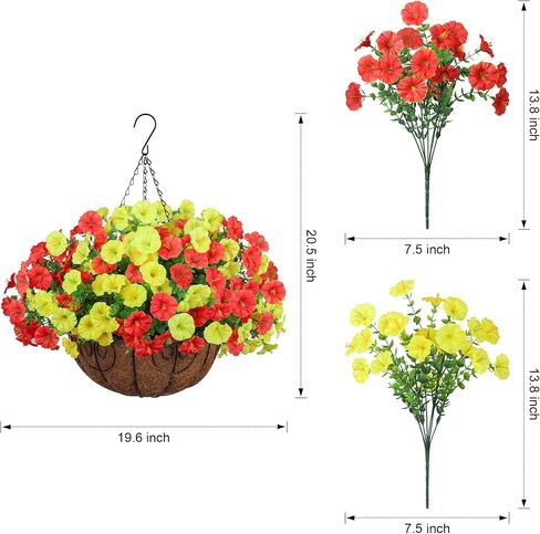 Artificial Faux Hanging Plants Flowers Basket for Spring Summer Outdoor Decoration, Fake Silk Look Real UV Resistant Colorful Mixed Morning Glory Eucalyptus for Porch Outside Patio Balcony Home Decor in Kuwait