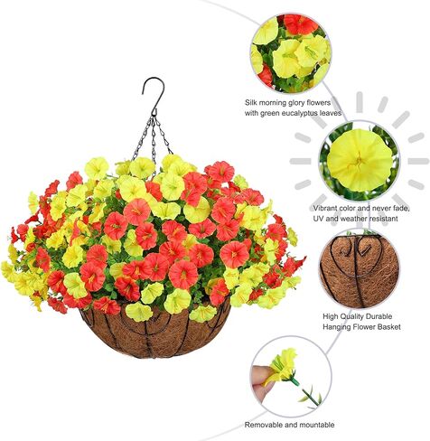 Artificial Faux Hanging Plants Flowers Basket for Spring Summer Outdoor Decoration, Fake Silk Look Real UV Resistant Colorful Mixed Morning Glory Eucalyptus for Porch Outside Patio Balcony Home Decor in Kuwait