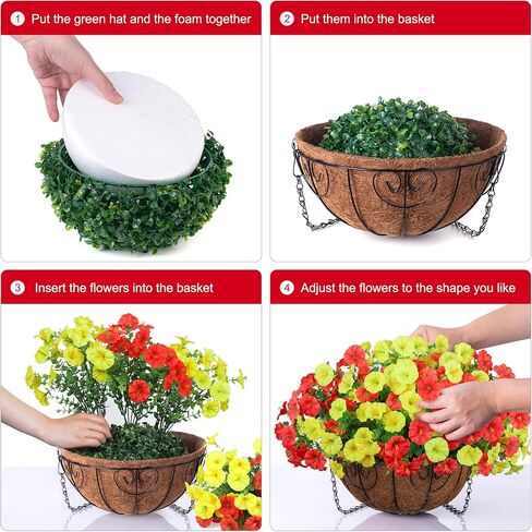 Artificial Faux Hanging Plants Flowers Basket for Spring Summer Outdoor Decoration, Fake Silk Look Real UV Resistant Colorful Mixed Morning Glory Eucalyptus for Porch Outside Patio Balcony Home Decor in Kuwait