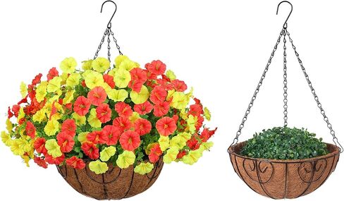 Artificial Faux Hanging Plants Flowers Basket for Spring Summer Outdoor Decoration, Fake Silk Look Real UV Resistant Colorful Mixed Morning Glory Eucalyptus for Porch Outside Patio Balcony Home Decor in Kuwait