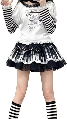 نساء مطوية y2k تنورة لطيفة مرنة الخصر الأسود والأبيض مفتاح البيانو العصري بولكا نقطة الدانتيل تنورة لوتس in Kuwait