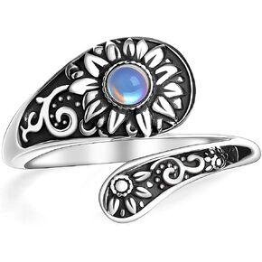 Sunflower Spoon Rings for Women Sterling Silver Turquoise/Moonstone/Opal Adjustable Open Flower Ring, Boho Vintage Retro Engraved Western Country Jewelry in Saudi Arabia