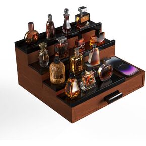 Cologne Organizer for Men,4 Tier Wooden Cologne Stand with Drawer,Hidden Compartments,Phone Platform,Walnutblack Cologne Holder for Bedroom/Office/Bathroom,Nice Gift for Father/Husband/Friend in Saudi Arabia