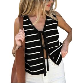 SOLY HUX Women's Sleeveless Striped Sweater Vest V Neck Tie Bow Crochet Knit Tank Tops Casual Loose Cardigan in Saudi Arabia