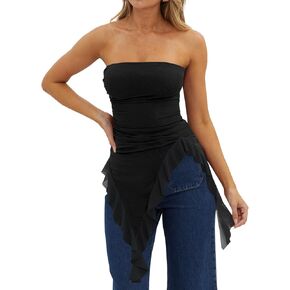 Womens Strapless Tube Tops Summer Asymmetrical Long Ruched Mesh Shirts Cute Y2k Ruffle Hem Going Out Bandeau Top in Kuwait