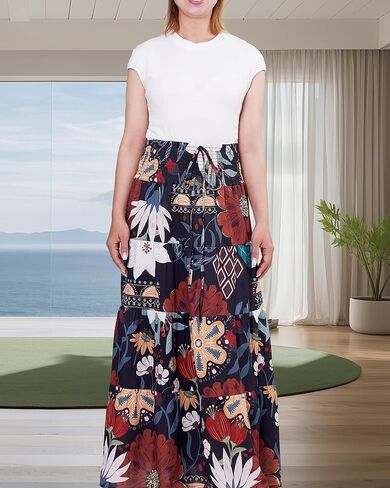 Women's Summer Flowy Boho Maxi Skirt 2025 A-Line Flowy Ruffle Tiered Drawstring Elastic High Waist Beach Long Skirts in Saudi Arabia