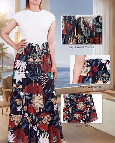 Women's Summer Flowy Boho Maxi Skirt 2025 A-Line Flowy Ruffle Tiered Drawstring Elastic High Waist Beach Long Skirts in Saudi Arabia