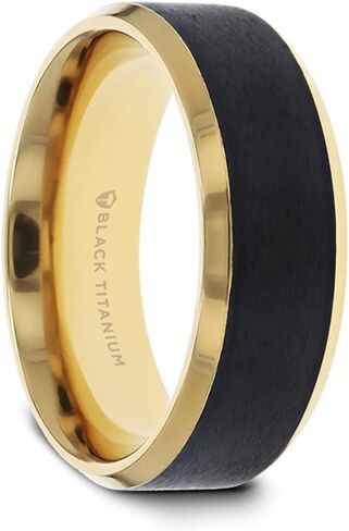 Mens Black Titanium Gold Plated Brushed Center Wedding Ring - Polished Beveled Comfort Fit - 8mm Wide - Style Name: Beaumont in Saudi Arabia