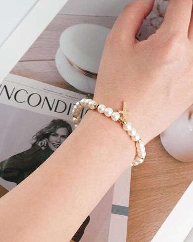 First Communion Bracelet for Women White Pearl Gold Cross Charm Bracelets First Communion Confirmation Baptism Bracelets Religious Catholic Jewelry Gifts for Daughter Granddaughter in Saudi Arabia
