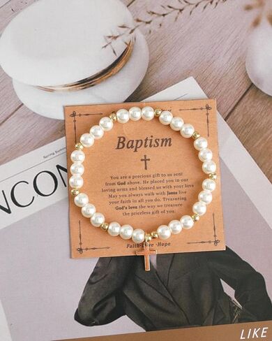 First Communion Bracelet for Women White Pearl Gold Cross Charm Bracelets First Communion Confirmation Baptism Bracelets Religious Catholic Jewelry Gifts for Daughter Granddaughter in Saudi Arabia