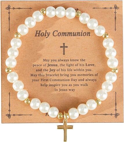 First Communion Bracelet for Women White Pearl Gold Cross Charm Bracelets First Communion Confirmation Baptism Bracelets Religious Catholic Jewelry Gifts for Daughter Granddaughter in Saudi Arabia