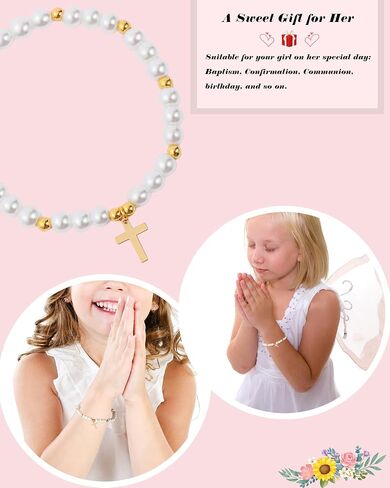 First Communion Bracelet for Women White Pearl Gold Cross Charm Bracelets First Communion Confirmation Baptism Bracelets Religious Catholic Jewelry Gifts for Daughter Granddaughter in Saudi Arabia