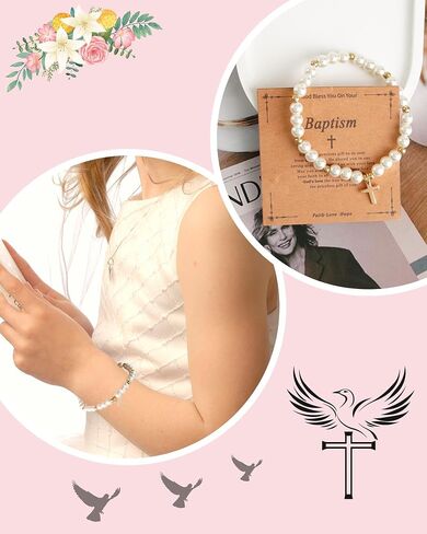 First Communion Bracelet for Women White Pearl Gold Cross Charm Bracelets First Communion Confirmation Baptism Bracelets Religious Catholic Jewelry Gifts for Daughter Granddaughter in Saudi Arabia