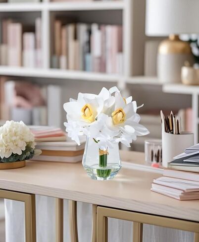 Laelfe Artificial Flowers with Vase - Real Touch Silk Fake Flowers Arrangemets in Glass Small Vase with Faux Water for Wedding Table Centerpiece Home Bathroom Office Decor in Saudi Arabia