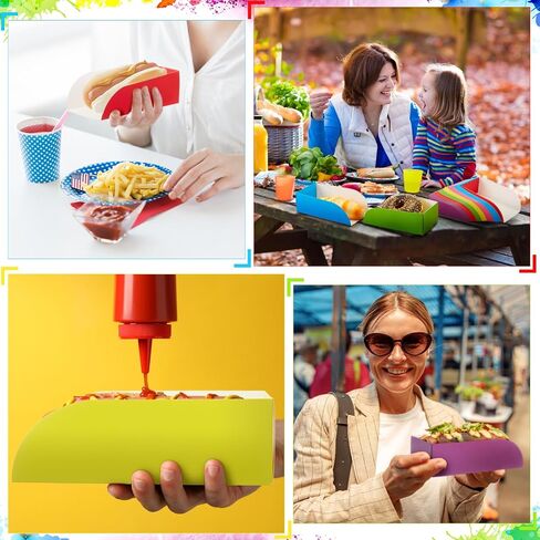 Havawish 120 Pack Colorful Hot Dog Serving Trays Paper Disposable Food Trays Bulk Open Design Hot Dog Containers Paper Food Hot Dog Holder Tray for Party Favor Snacks Sandwich BBQ Fries Nachos in Saudi Arabia
