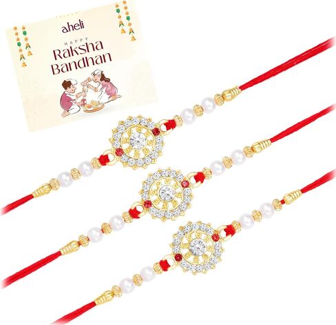 Aheli Crystals & Beads Studded Rakhi for Brother Raksha Bandhan Rakhi with & Greeting Card (Combo, Pack of 3) in Saudi Arabia