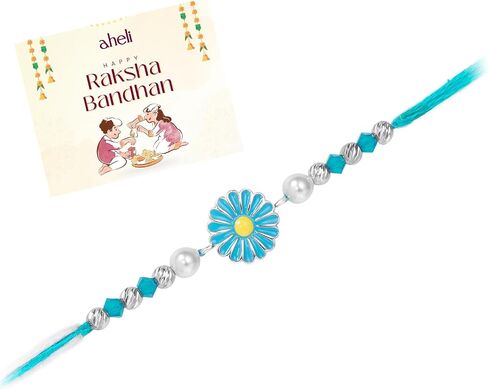 Aheli Floral Design Sterling Silver Rakhi in Light Blue & White Color Thread for Brother Raksha Bandhan Rakhi مع بطاقة تحية in Saudi Arabia