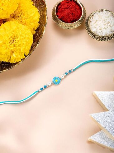 Aheli Floral Design Sterling Silver Rakhi in Light Blue & White Color Thread for Brother Raksha Bandhan Rakhi مع بطاقة تحية in Saudi Arabia