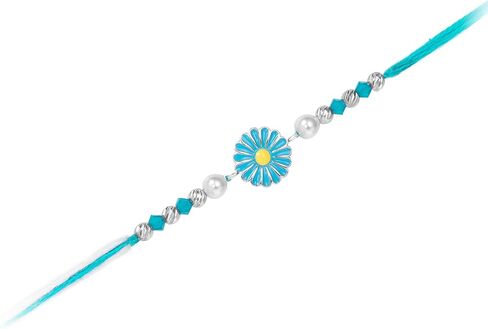Aheli Floral Design Sterling Silver Rakhi in Light Blue & White Color Thread for Brother Raksha Bandhan Rakhi مع بطاقة تحية in Saudi Arabia